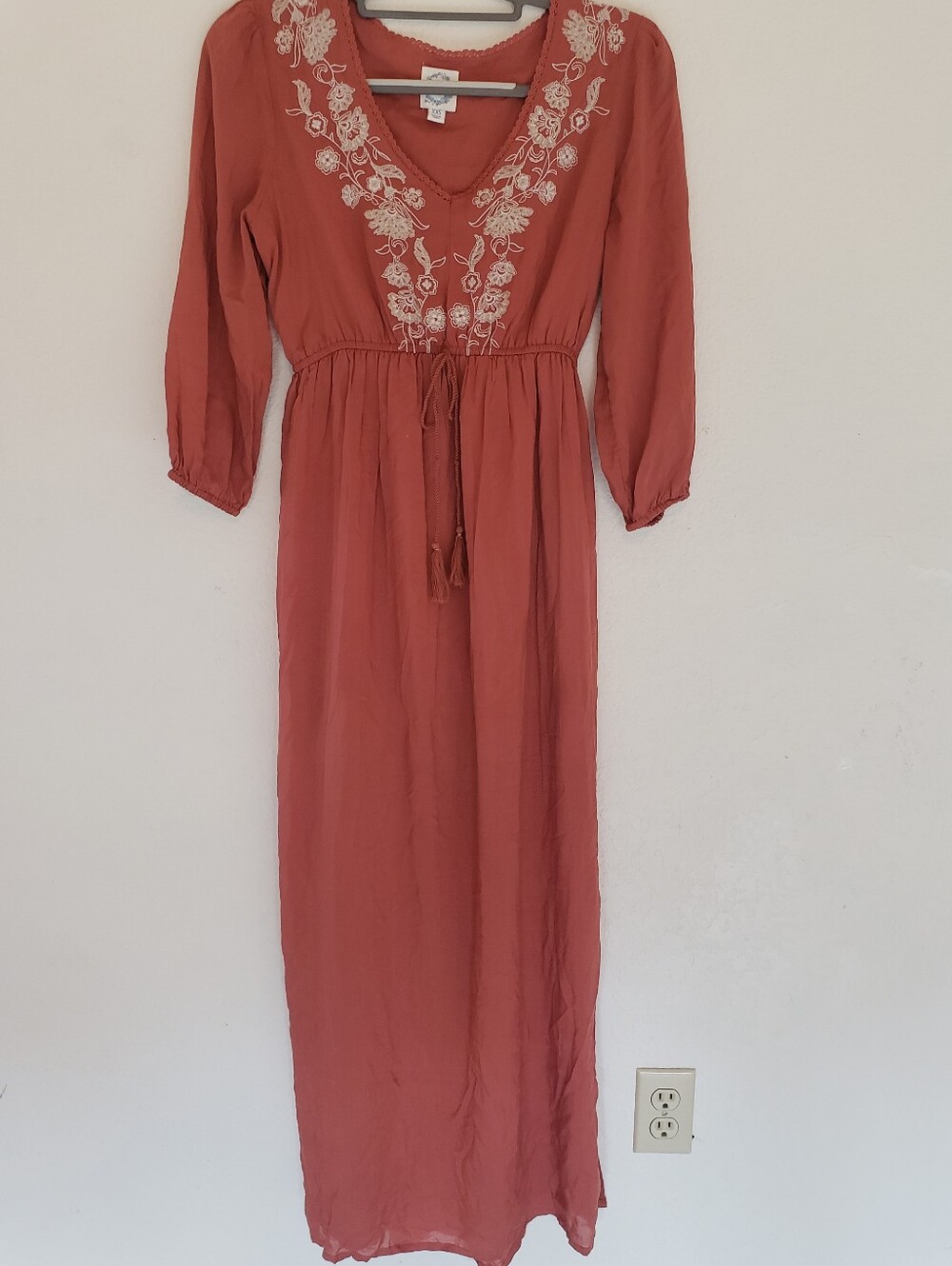 Blue Rain Maxi Dress Floral Embroidery Rust Orange XXS Boho Hippie Light Weight